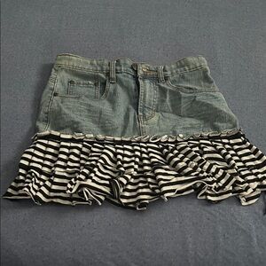 Y2K Apollo Jeans Blue Denim Skirt with Black and White Striped Ruffle